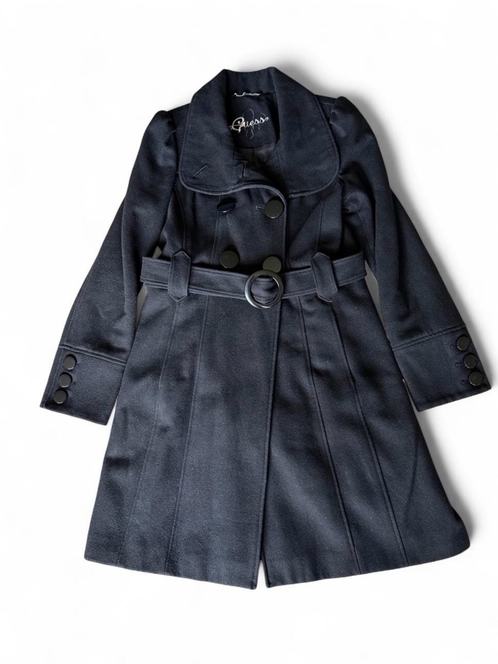 Guess  Double Breasted Black Wool Blend Coat Size Medium